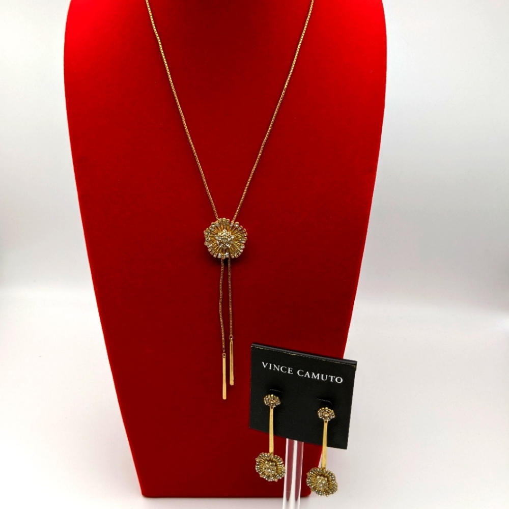 Vince Camuto Flower Signed Necklace and Earrings Gold-tone Jewelry Set